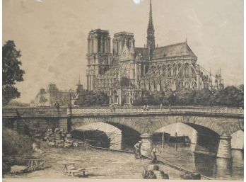1884 Original Engraving By Lucien Gautier (1850 - 1925) Notre Dame & Sully Bridge Paris France