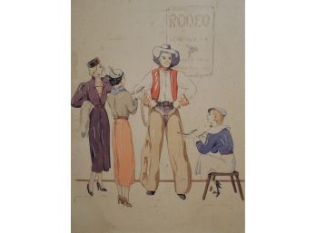 Early 20th Century Original Watercolor Illustration Rodeo Cowboy By Margaret Freshman