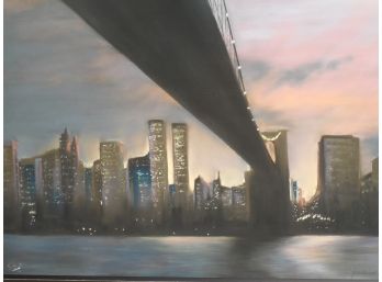 Original Pastel Painting - View Of The NY Skyline, Twin Towers, Brooklyn Bridge Illeg Signed