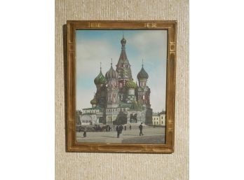 Antique Hand Colored Photograph Moscow,  Russia St Basil Cathedral - Carved Frame
