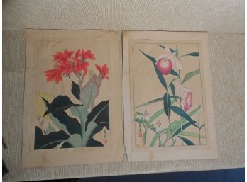 Lot Of 2 Vintage Japanese Floral Woodblock Prints