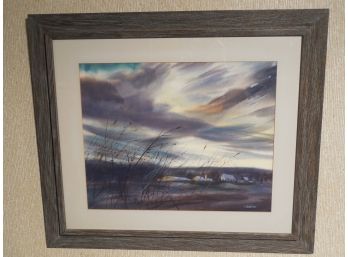 Mid 20th Century Original Watercolor Landscape - By Sal Tortoa - Moody Sky Over The Farm