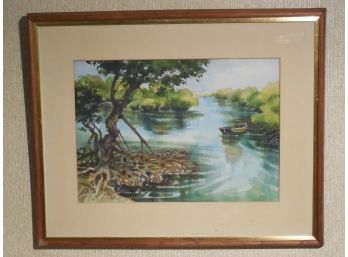 1969 Original Watercolor St Thomas Lagoon With Mangroves By G Ellis