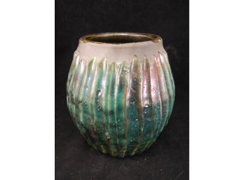 Mid Century Raku Green Ribbed Pottery Vase