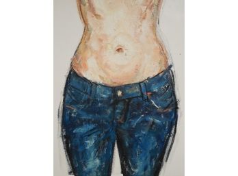 20th/ 21st Century Original Painting Of A Woman -mid Drift And Blue Jeans