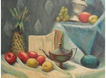Mid 20th Century Modernist Original Oil Painting - Still Life With Fruit