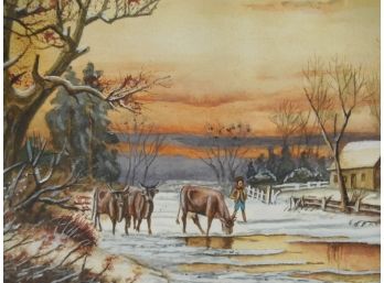 1912 Original Watercolor / Gouache Painting Country Farm Scene With Cows