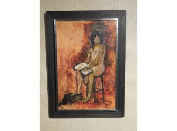 Mid 20th Century Original Mixed Media Painting/ Collage - 'Cassie' By E L Martin - Girl Reading