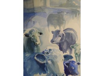 Large Original Watercolor Painting By Toronto Artist Rosemary Ross -'The Blues' Blue Cows