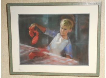 Late 20th Century Original Pastel Painting - A Boy Eating Lobster - Artist Signed - Milne