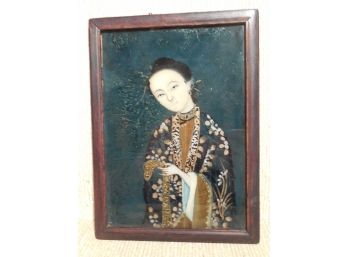 Antique Chinese Reverse Painting On Glass Of A Woman