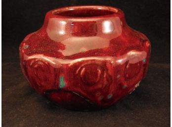 Antique American Art Pottery Squat Pot - Molted Red Blue Glaze