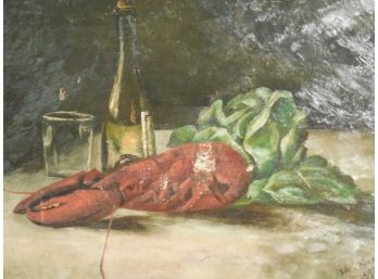 1891 Original Oil Painting Still Life With Lobster & Wine By Ida Moore