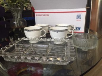 Wedgwood Tea Cups, Crystal Relish Dish, Glass Bowl