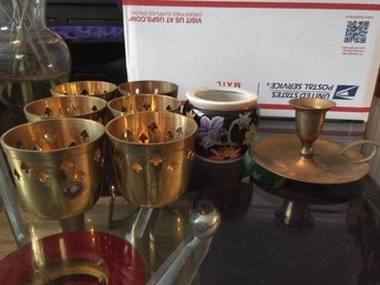 Brass Tea Candle Holders, Etched Brass Candle Holder And Small Asian Vase