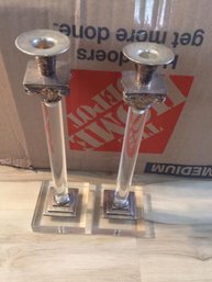 Vintage 13.5' Tall Pair Of Lucite Candle Holders