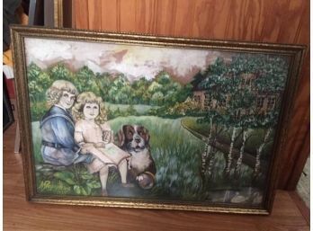 Antique Chalk Or Watercolor Painting Of 2 Children With Saint Bernard Dog