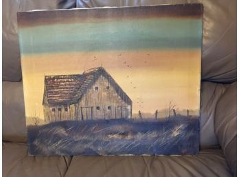 Oil Painting Of Barn With Beautiful Skyline Signed Matlock