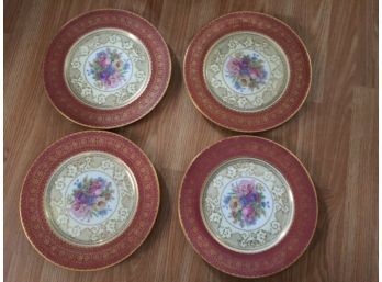 Antique Heinrich & Co Red & Gold Embossed Floral Center Dinner Plates Set Of 4