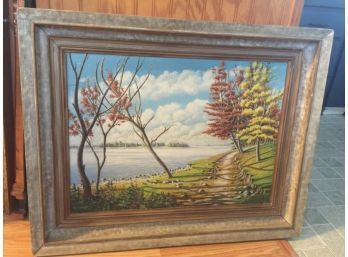 1947 Fall Landscape Lake Painting Signed E.F. Meske