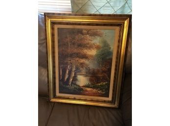 Vintage Fall Landscape Pond Oil Painting