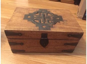 Vintage Wood Box Chest With Metal Cross Detail, Bible Or Keepsake Box