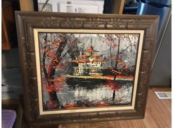 Original Morris Katz Oil Painting On Board, House On Lake In Carved Wood Frame 1975