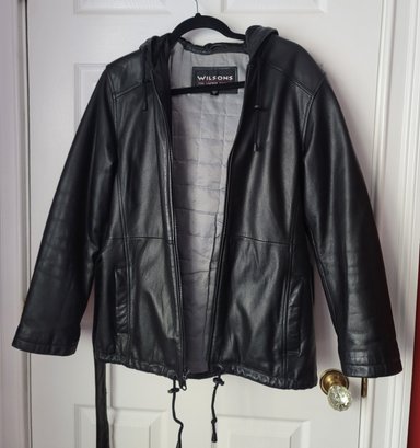 Awesome Vintage 80s Wilson Leather Quilted Belted Leather Hoodie Jacket