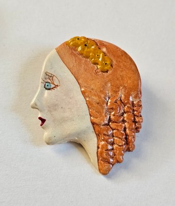 Vintage Hand Carved And Painted Lady Head Brooch