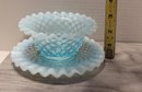Vintage Fenton Blue Hobnail Opalescent Mayonnaise Bowl And Saucer Set PRETTY! Great Condition