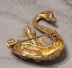 Vintage 50s Signed Marvella Gold Tone Swan With Crystals Brooch