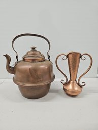 Vintage Copper Tea Kettle And Hammered Vase