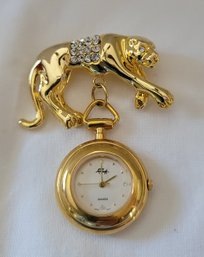 Gorgeous Vintage 70s Faberge House Collection 'The Panthers' 24kt Gold Plated Watch Brooch