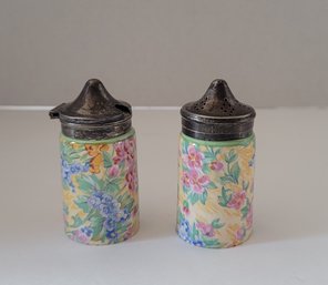 Vintage EPNS (electroplated Nickel Silver)ceramic Chintz Salt Canister And Pepper Shaker