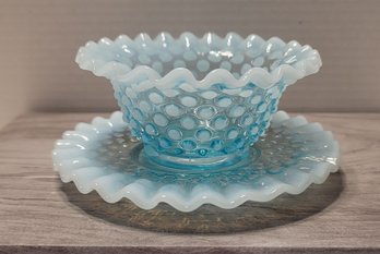 Vintage Fenton Blue Hobnail Opalescent Mayonnaise Bowl And Saucer Set PRETTY! Great Condition