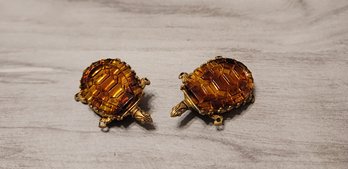Vintage Artist Created 60s Amber Cut Glass Turtle Brooches Very Cool!