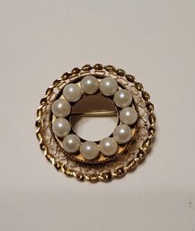 Vintage 50s Signed Catamore 12kt Gf Filigree And Faux Pearl Brooch Excellent Condition
