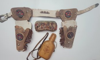 Vintage Western Toy Holsters, Canteen, And Glasses Holder