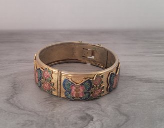 Unique Vintage Brass And Cloisonne Butterfly Cuff Bracelet