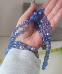Stunning MCM Blue Purple And Clear Glass Beaded Necklace 30in Total Length Made In Germany