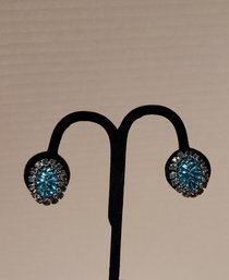OH MY GAWD! Gorgeous Vintage 50s Signed Judy Lee Blue Molded Glass And Rhinestone Earrings! Spectacular!