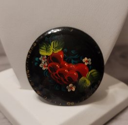 Beautiful Vintage Russian Hand Painted Black Lacquer Brooch