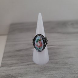 Vintage 70s Russian Hand Painted Enamel Ring Style Of Rostov Finit Adjustable Size 7