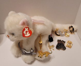 You've Got To Be Kitten Me! For Kitty Lovers Only! Vtg Ty Kitty And Brooch Lot Incl Signed!