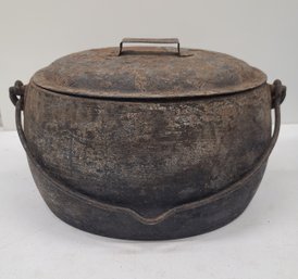 Antique Cast Iron Lidded Pot Cauldron Filled With Seashell Suprise