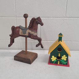 Vintage Wood Horse And Home Made Birdhouse