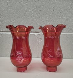 Beautiful Vintage 40s Cranberry Etched Glass Sconces Excellent Condition Minor Wear Need Cleaning