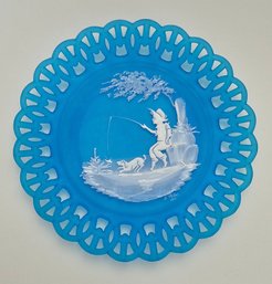1974 Signed Westmoreland Blue Glass Plate Boy Fishing