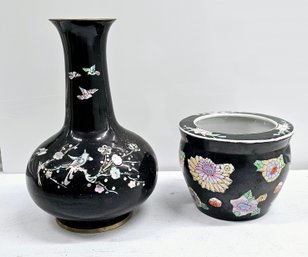 Chinese Ceramic Planter And Asian Brass Lined Vase