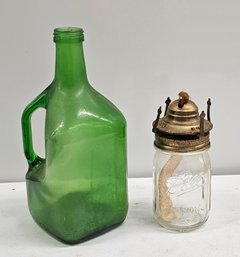 Vintage Green Glass Jug And Mason Ball Jar Made Into Lamp